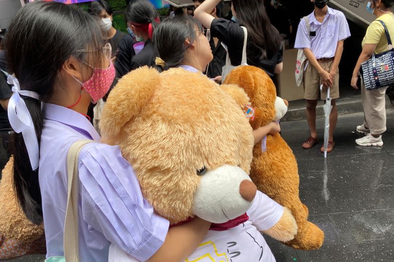 Thai high school protesters bring teddy bears to a protest against the government and to demand education reform in Bangkok