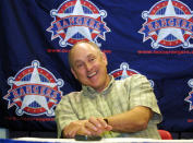 FILE - Former Texas Rangers Hall of Fame pitcher Nolan Ryan speaks during a news conference recognizing the 10th anniversary of his seventh no-hitter, at The Ballpark in Arlington, Texas, May 1, 2001. Hall of Fame pitcher Nolan Ryan is the subject of a new documentary. (AP Photo/Jerry W. Hoefer, File)