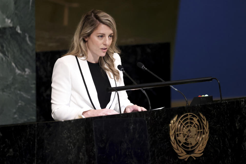 Minister for Foreign Affairs of Canada Mélanie Joly addresses the 77th session of the United Nations General Assembly, Monday, Sept. 26, 2022, at the U.N. headquarters. (AP Photo/Julia Nikhinson)