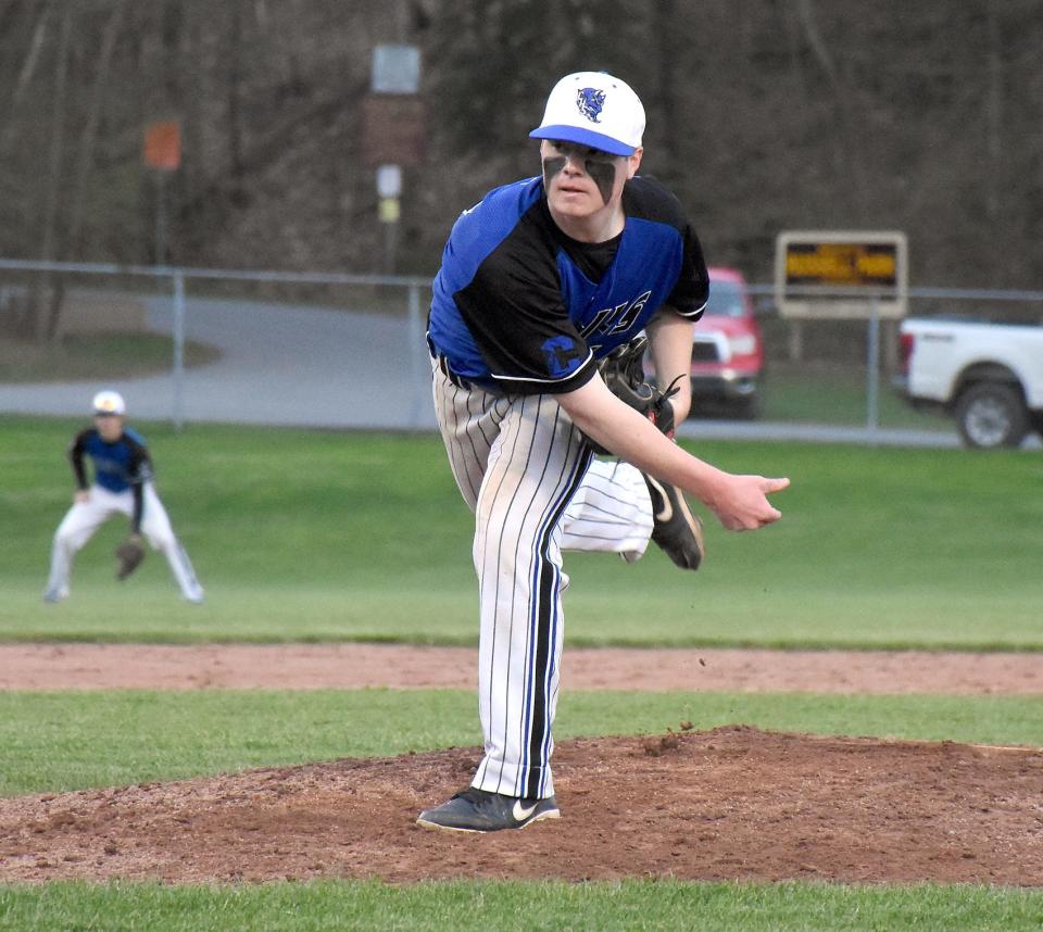 Camden Blue Devil Kole Ingalls delivers a pitch against Central Valley Academy Thursday, May 5, 2022, in Ilion, New York.