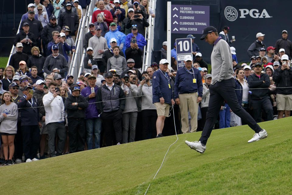 Jordan Spieth walks off the tee on the 10th hole during the third round of the PGA Championship golf tournament at Southern Hills Country Club, Saturday, May 21, 2022, in Tulsa, Okla. (AP Photo/Matt York)