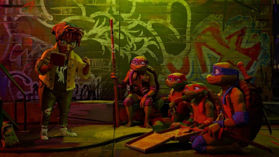 A production still of the new Teenage Mutant Ninja Turtles: Mutant Mayhem movie.