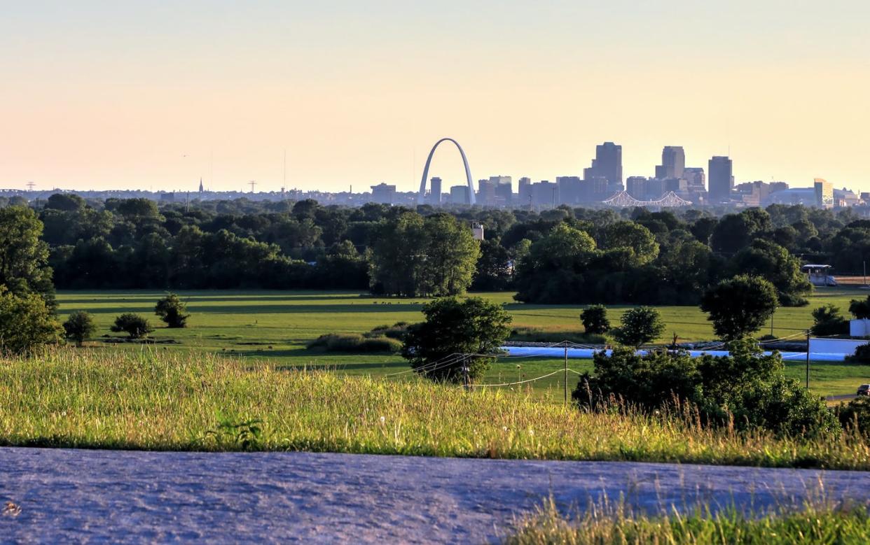 <span class="caption">Cahokia's mound-building culture flourished a millennium ago near modern-day St. Louis.</span> <span class="attribution"><a class="link " href="https://www.gettyimages.com/detail/photo/st-louis-missouri-from-cahokia-mounds-royalty-free-image/825340730" rel="nofollow noopener" target="_blank" data-ylk="slk:JByard/iStock via Getty Images Plus;elm:context_link;itc:0;sec:content-canvas">JByard/iStock via Getty Images Plus</a></span>