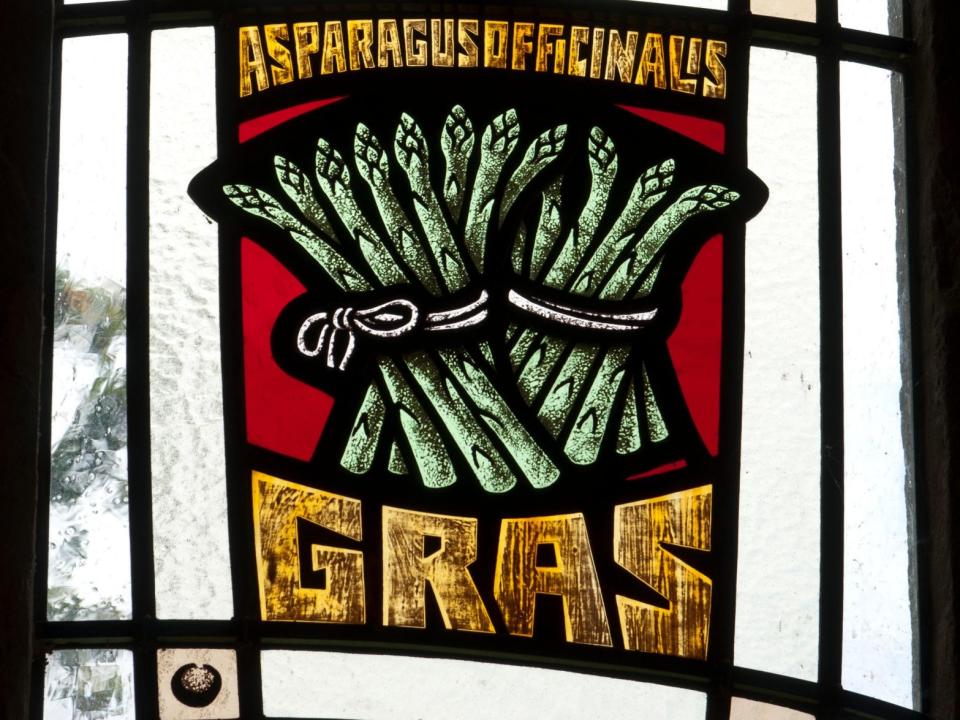 A church window depicting asparagus in Bretforton, Worcestershire, where asparagus is called 'vale gras'