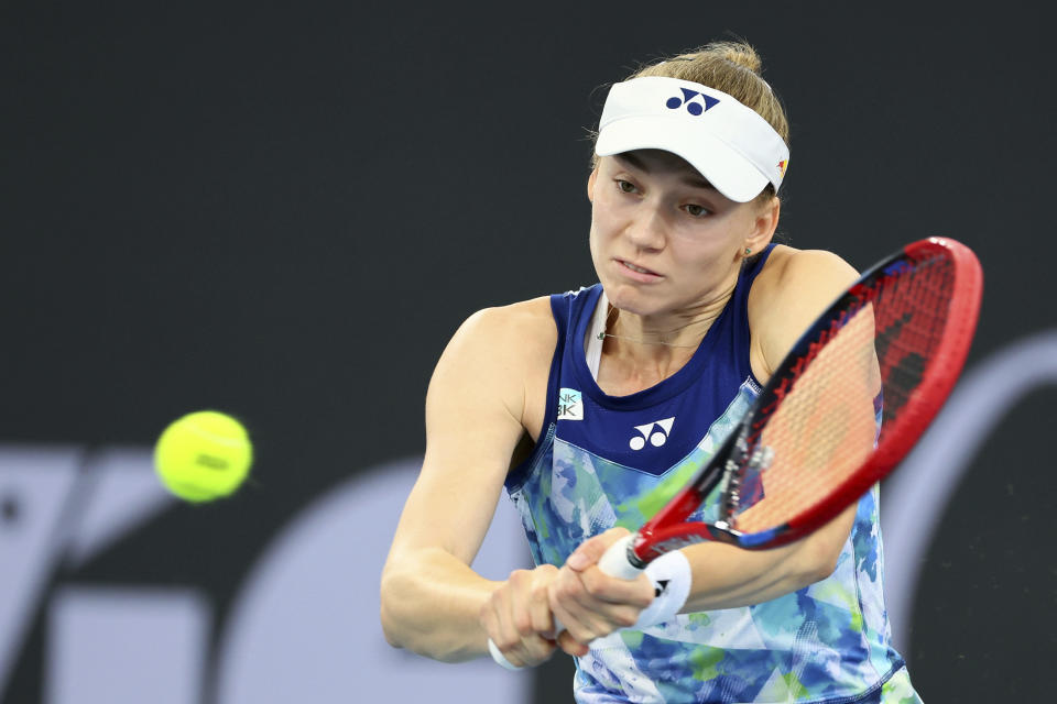 Elena Rybakina of Kazakhstan plays a shot in her semi-final match against Linda Noskova of the Czech Republic during the Brisbane International tennis tournament in Brisbane, Australia, Saturday, Jan. 6, 2024. (AP Photo/Tertius Pickard)