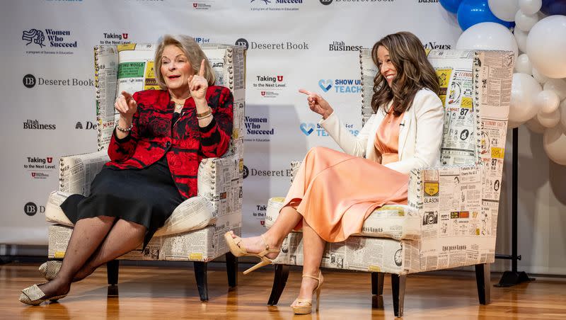 Sheri Dew, executive vice president and chief content officer of Deseret Management Corp., and Utah first lady Abby Cox have a conversation at a Voices Utah event at the University of Utah’s Eccles School of Business in Salt Lake City on Thursday, April 13, 2023.