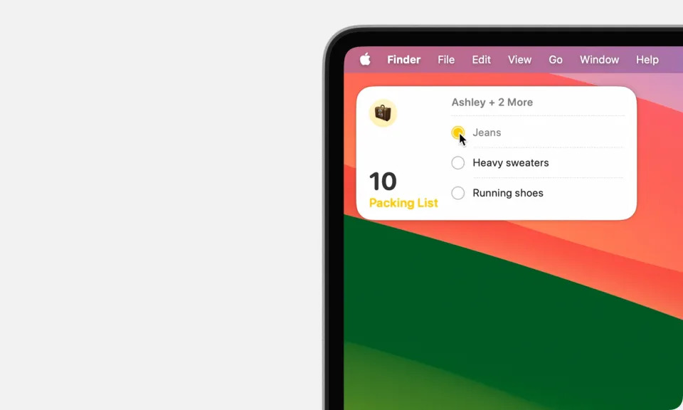 Screenshot of a macOS Sonoma reminders widgets (showing a to-do list) on a MacBook