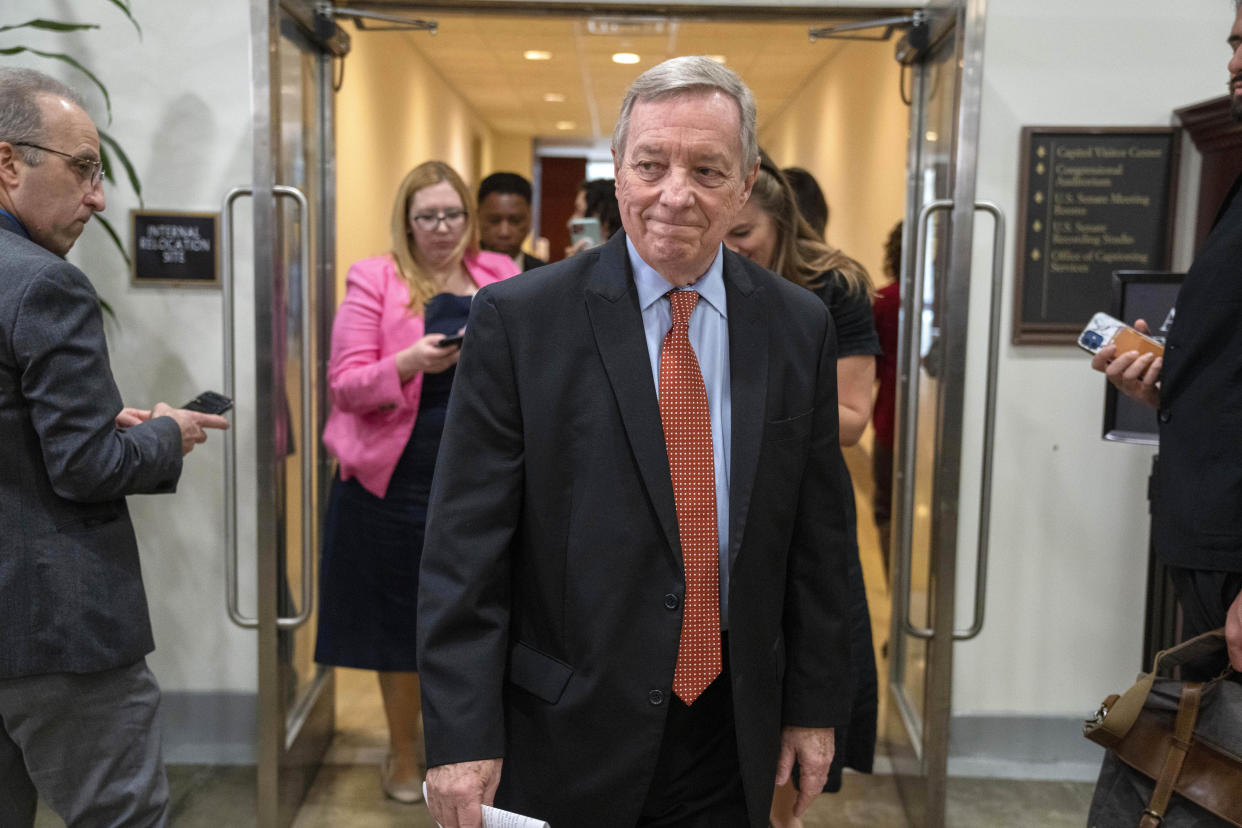 FILE - Sen. Dick Durbin, D-Ill., leaves a closed-door briefing about leaked highly classified military documents, Wednesday, April 19, 2023, on Capitol Hill in Washington. Durbin, the Democratic chairman of the Senate Judiciary, has invited Supreme Court Justice John Roberts to testify next month at a hearing on ethics standards. (AP Photo/Jacquelyn Martin, File)