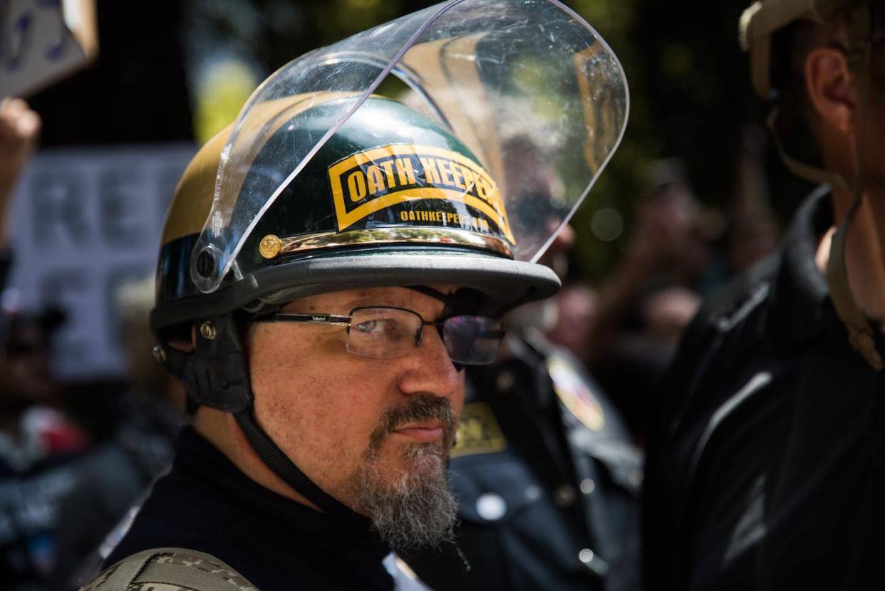 Stewart Rhodes, leader of the Oath Keepers, is just one member of a group that seeks to engage in violence against the U.S. government. <a href="https://www.gettyimages.com/detail/news-photo/an-oath-keeper-brought-on-to-provide-security-stands-guard-news-photo/674249800" rel="nofollow noopener" target="_blank" data-ylk="slk:Philip Pacheco/Anadolu Agency/Getty Images;elm:context_link;itc:0;sec:content-canvas" class="link ">Philip Pacheco/Anadolu Agency/Getty Images</a>