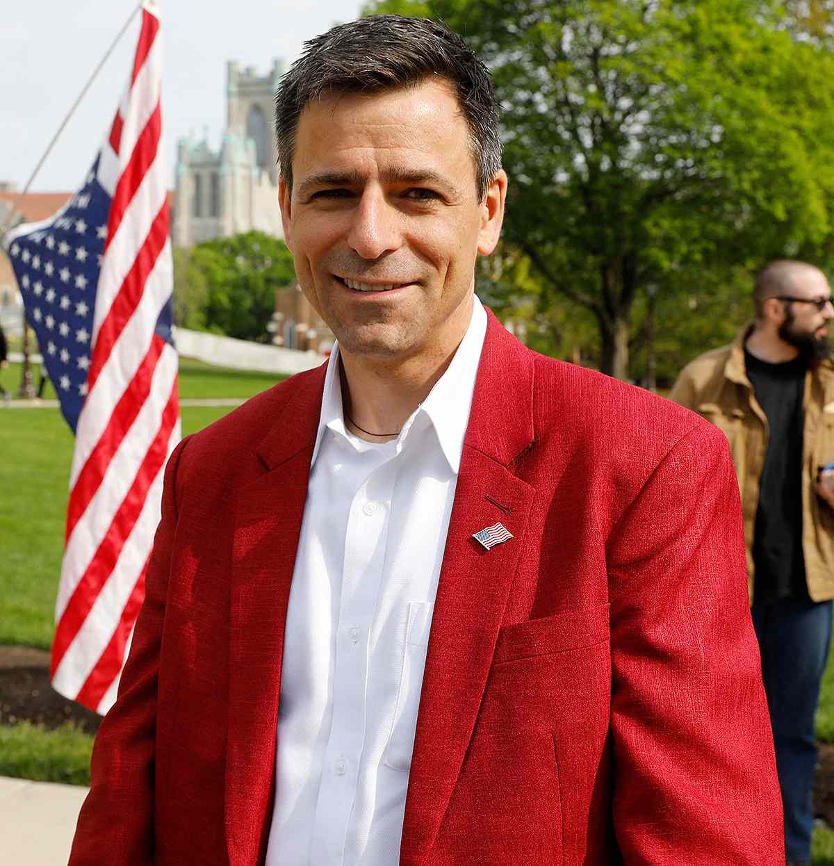 Ryan Kelley, Republican candidate for Governor, attends a Freedom Rally in support of First Amendment rights and to protest against Governor Gretchen Whitmer, outside the Michigan State Capitol in Lansing, Michigan on May 15, 2021.