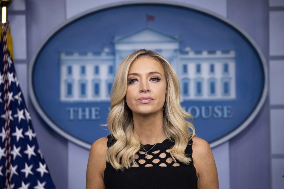 White House press secretary Kayleigh McEnany pauses while speaking during a press briefing in the James Brady Press Briefing Room at the White House, Friday, June 19, 2020, in Washington. (AP Photo/Alex Brandon)