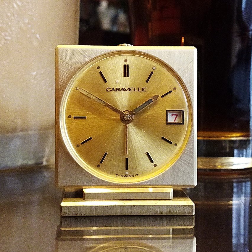 【timekeeper】  70年代瑞士製Caravelle方形七石機械鬧鐘(日期顯示)(免運)