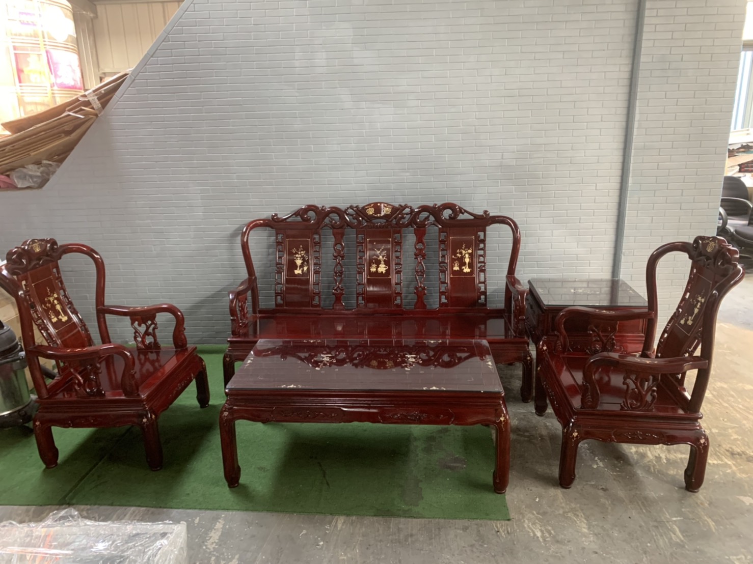 A2418 [家之家二手家具] 紅花梨鑲貝3+1+1+大小茶几五件沙發組 紅木 紅木沙發 花梨木 二手紅木家具