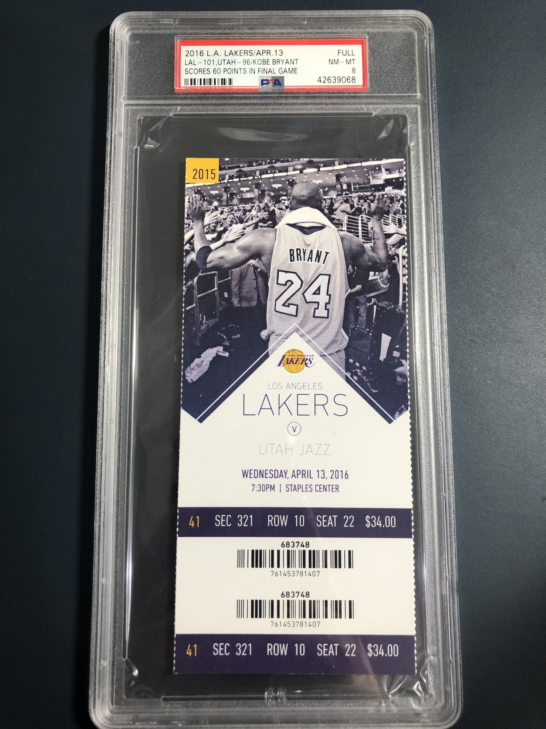 Kobe Bryant Final Game 2016 Full Ticket 最後一場球票PSA 8 鑑定卡球