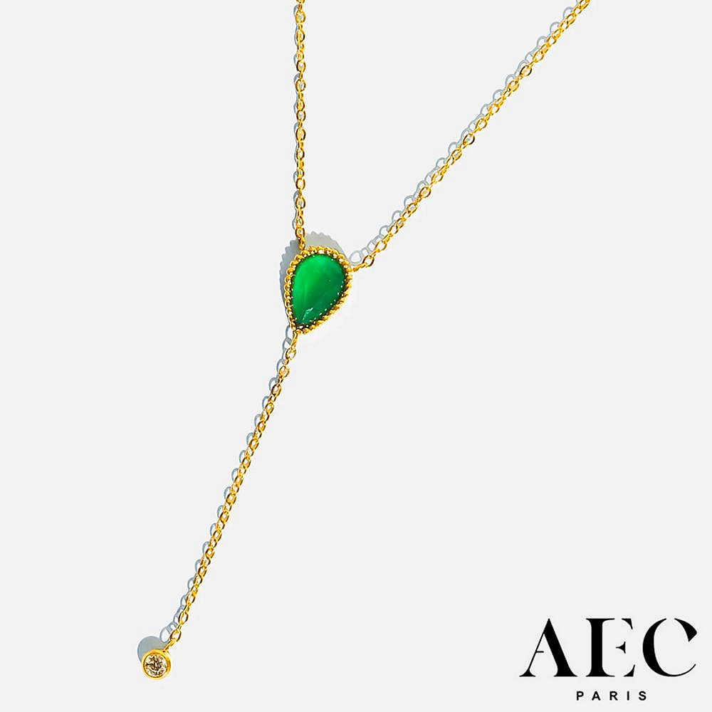 AEC PARIS 巴黎品牌 白鑽綠水晶項鍊 優雅金色Y字鍊 CHAIN NECKLACE ISADORA