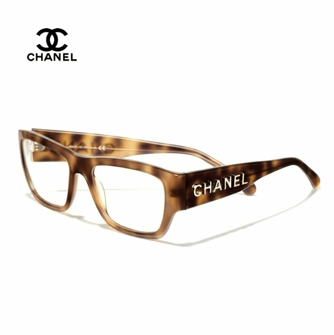 CHANEL香奈兒▻ ( 淺琥珀玳瑁色框×立體金屬銀色大Chanel LOGO ) 方框框