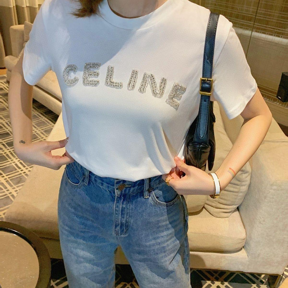 【MOMO生活館】CELINE 2023早春夏新款短袖手工釘珠字母裝飾圓領短袖T恤經典百搭顯瘦t恤