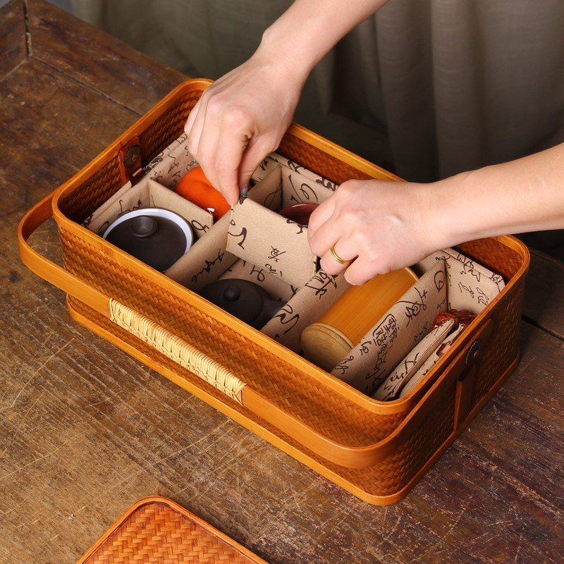 現貨茶道竹編茶具收納盒茶器收納箱戶外防塵便攜茶具盒茶具手提箱家用可 