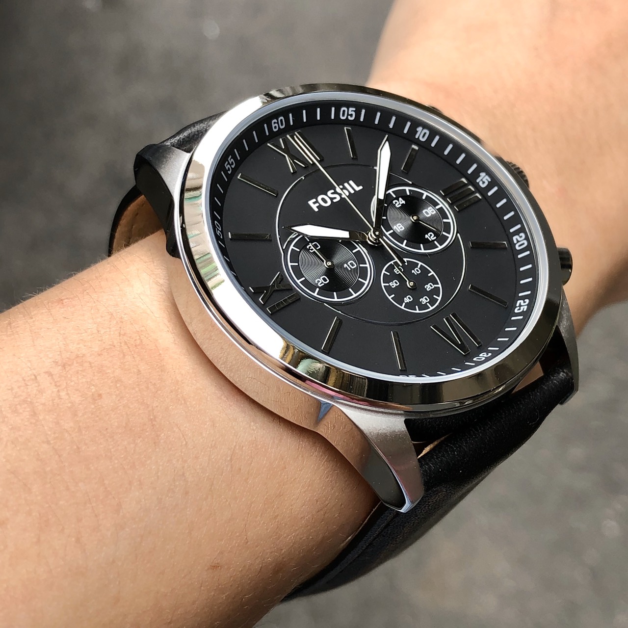 現貨可自取FOSSIL BQ1130 手錶43mm 黑色面盤三眼計時黑色皮錶帶