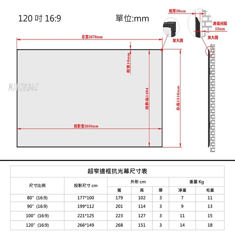 【CASOS卡色式】【台灣製造】120吋16:9超短焦抗光幕 超短焦投影機專用 黑柵軟幕 雷射電視