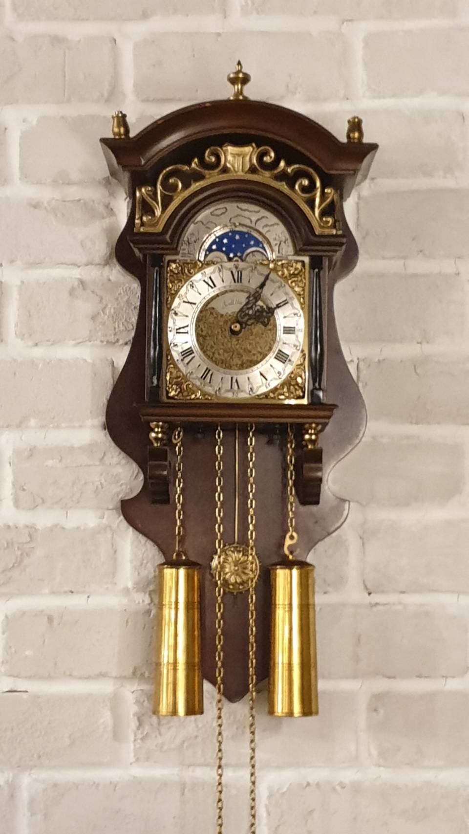 【卡卡頌 歐洲古董】荷蘭老件 日月星辰 銅秤錘 機械鐘 德國機芯 雕刻古董鐘 (運作正常,可敲鐘) cl0044✬