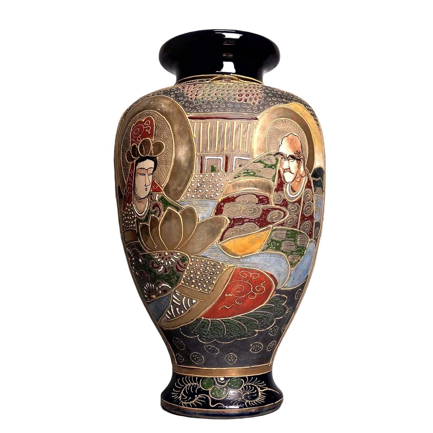 日本古美術/薩摩燒古花瓶金襴手細工人物紋，琉璃釉，飾金開片(明治時代 