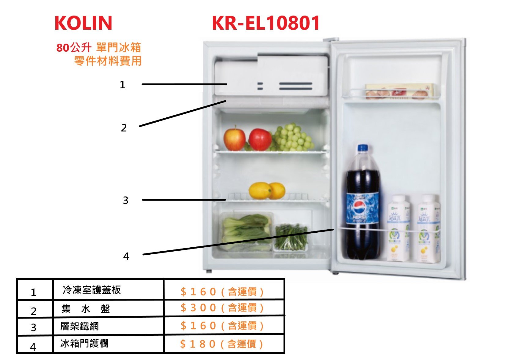 KOLIN 80公升 單門小冰箱   KR-EL10801 ( 溫控 / 護欄 / 層架 / 集水盤 零件材料) 含運價