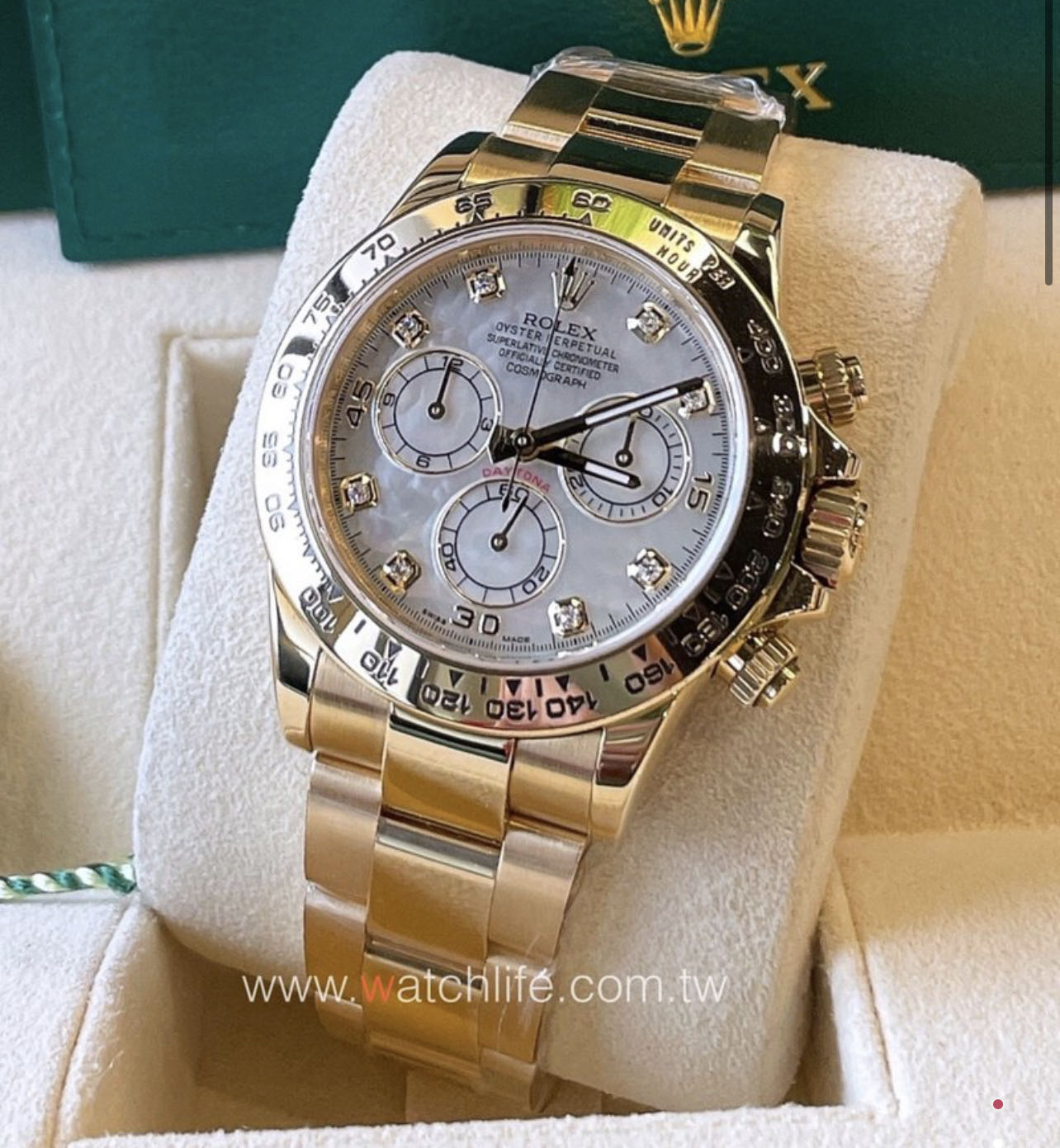 Rolex Daytona 116508NG 全金貝母面 2018二手極新/18ct黃金/40mm/4130機芯/動力儲備72小時/防水達100米/原廠盒單