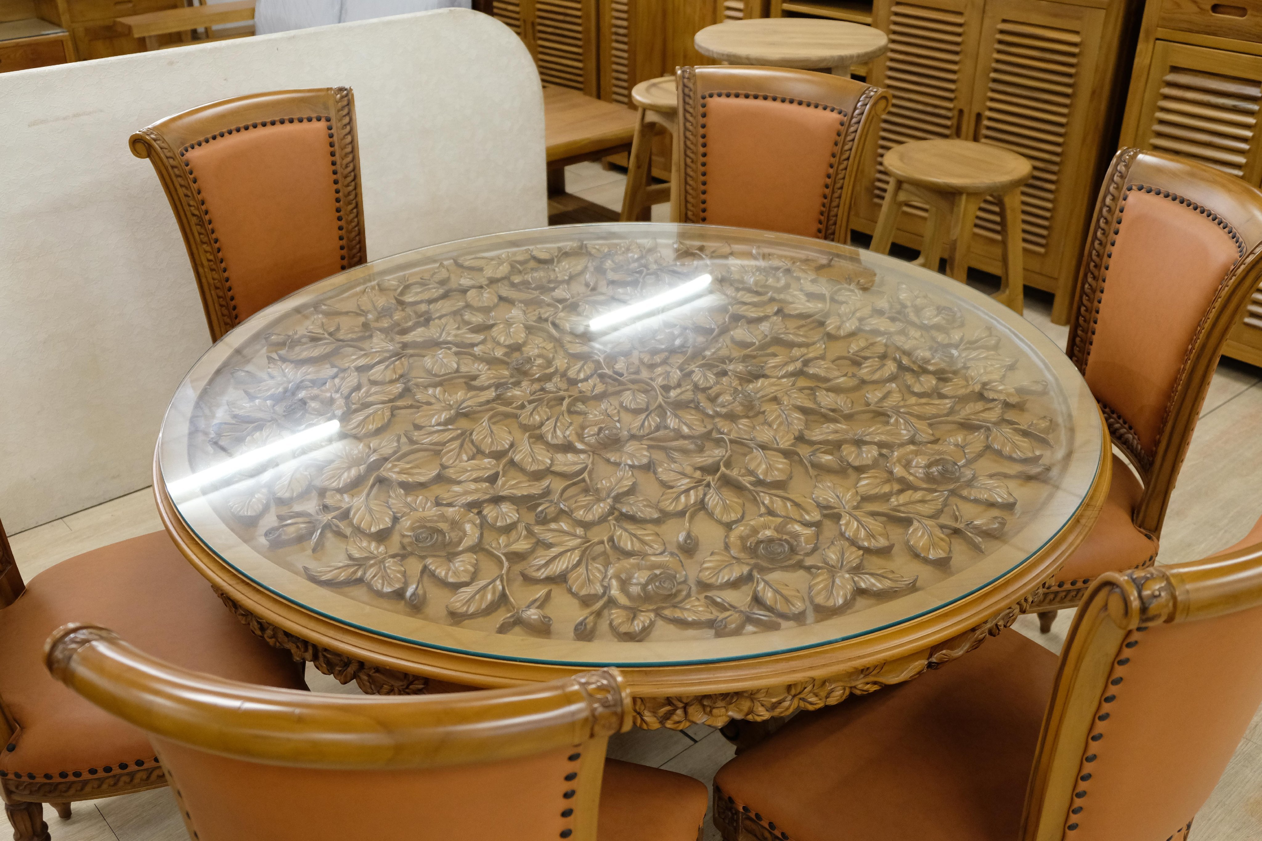 【米蘭柚木傢俱】全柚木法式玫瑰雕刻系列 - 圓餐桌椅組［6+1］..無現貨.需預購