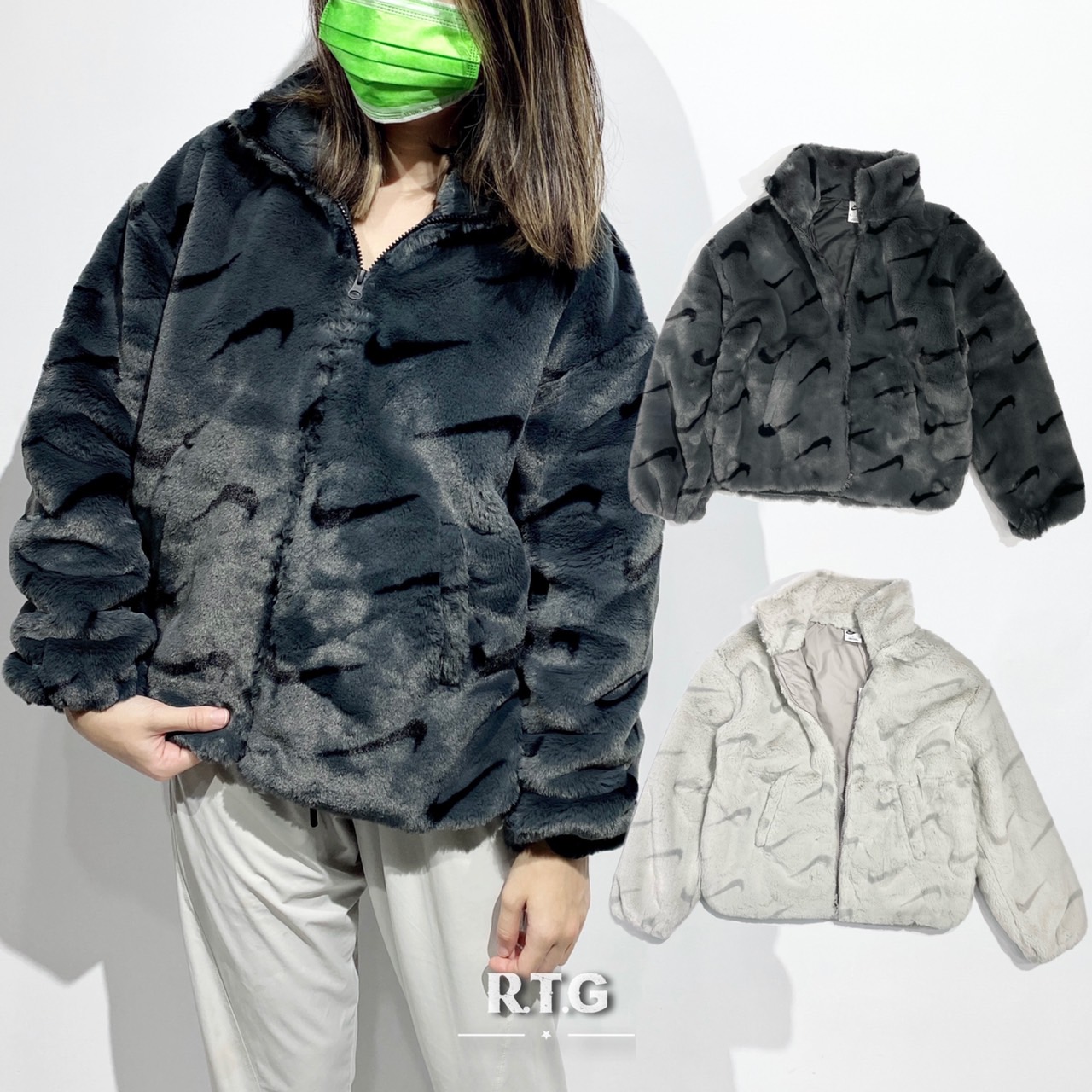 RTG】NIKE NSW FUR JACKET 外套黑灰米白小勾滿版毛毛絨毛女款DQ6843