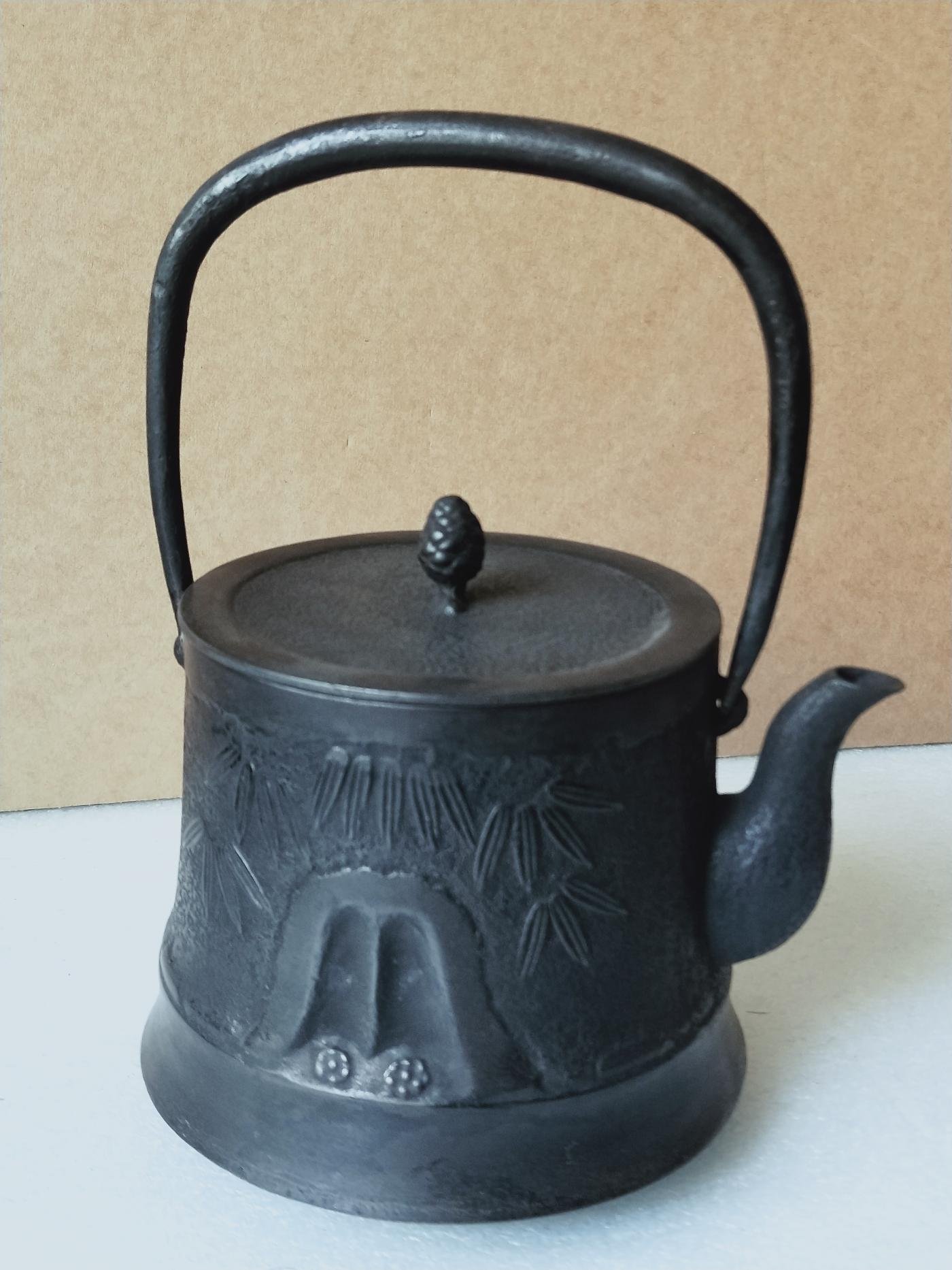 鉄瓶 桐紋 四方 象嵌 骨董 茶道 - 工芸品