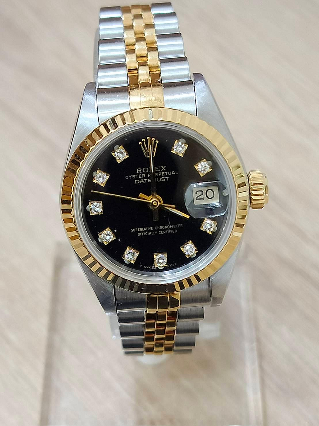 鑫泰典精品 勞力士ROLEX 69173 半金 半紅蟳 女錶 十鑽黑色面盤 盒單齊全