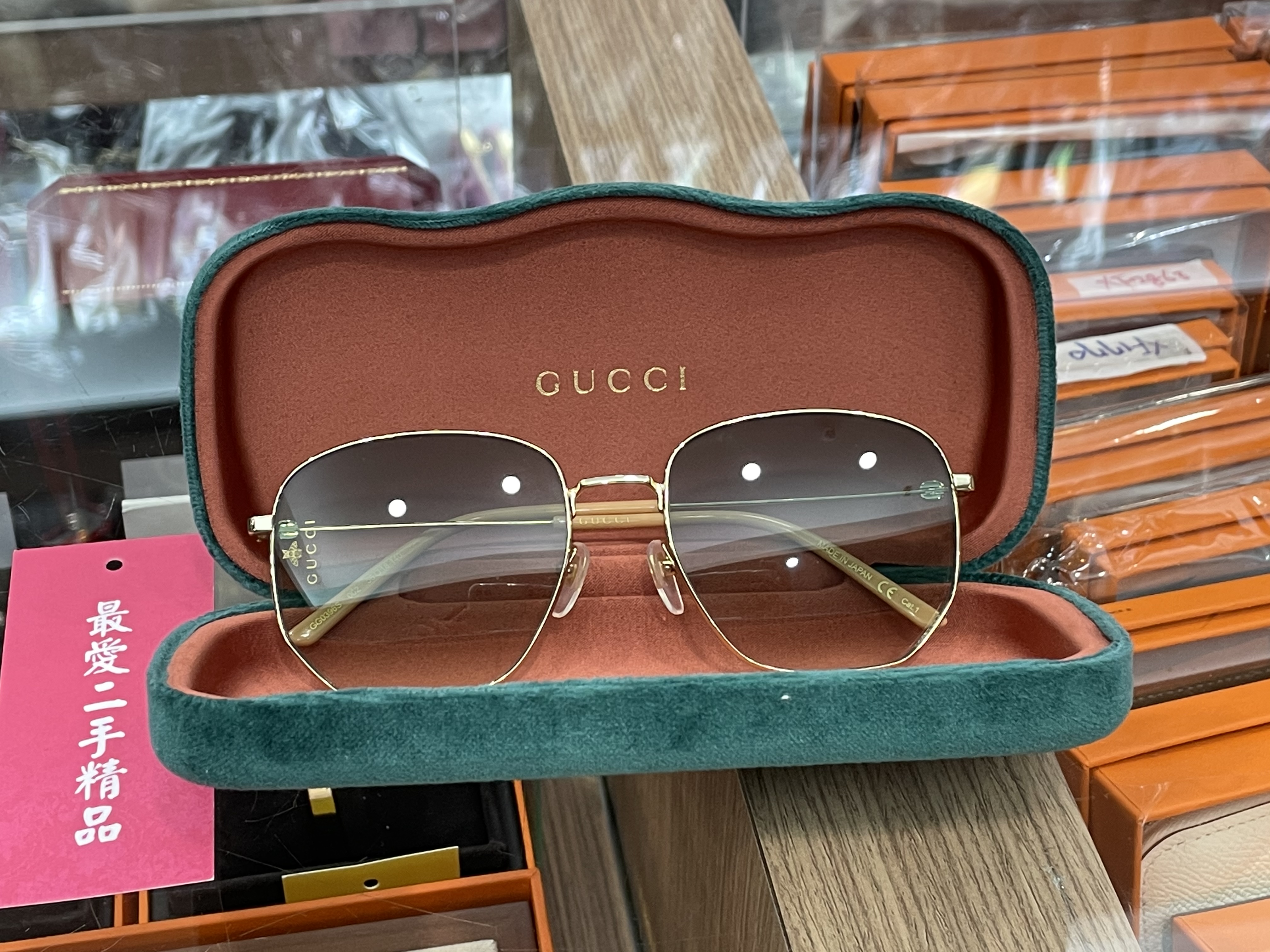 ☆最愛二手精品☆ GUCCI 綠色漸層鏡片金邊細框墨鏡眼鏡太陽眼鏡XF3059 