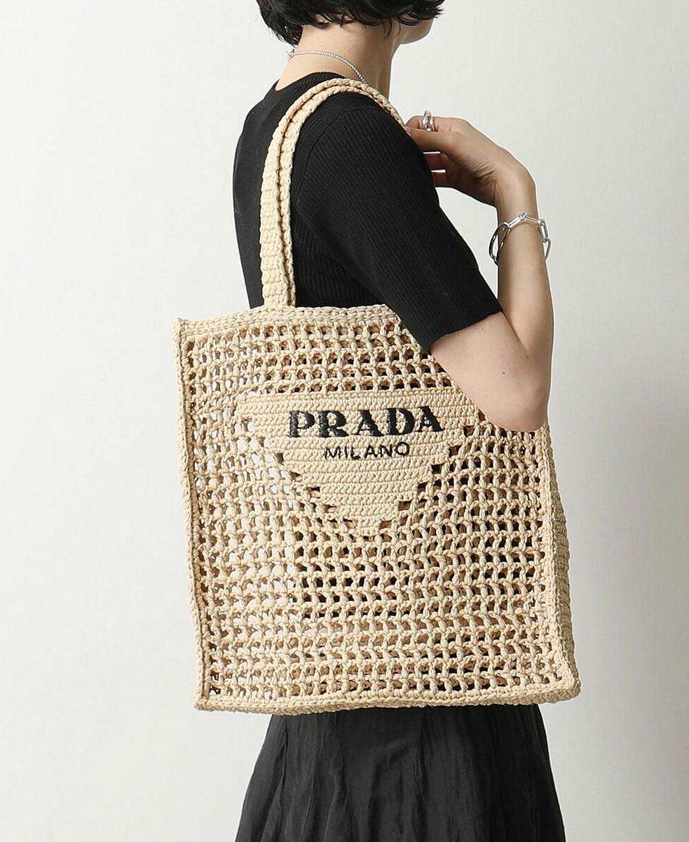 折扣預購】24春夏正品Prada logo tote 米色拉菲編織包草編包托特包手提