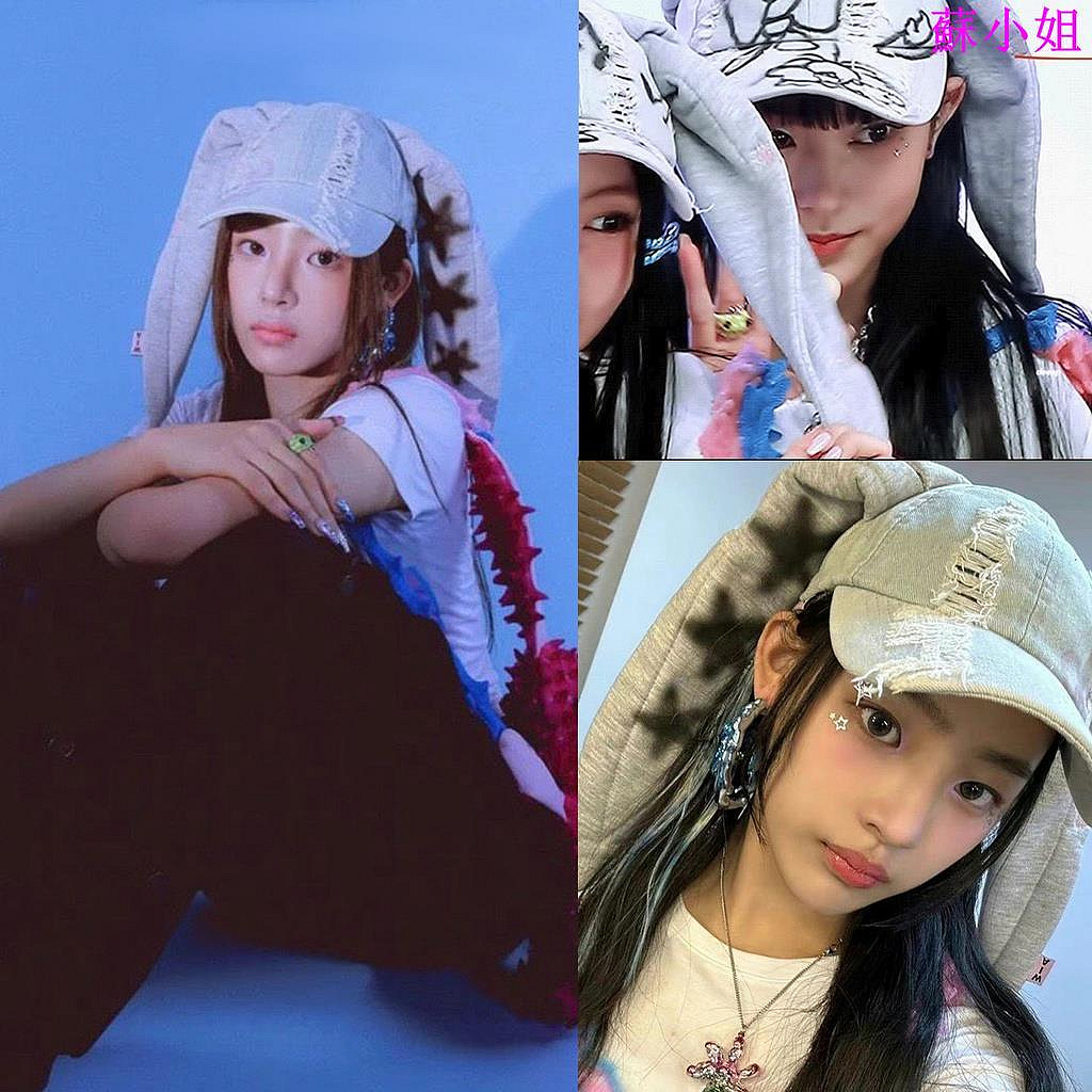 Kpop Idol Newjeans 塗鴉帽OMG HANNI 同款兔耳朵帽韓版時尚鴨舌帽牛仔