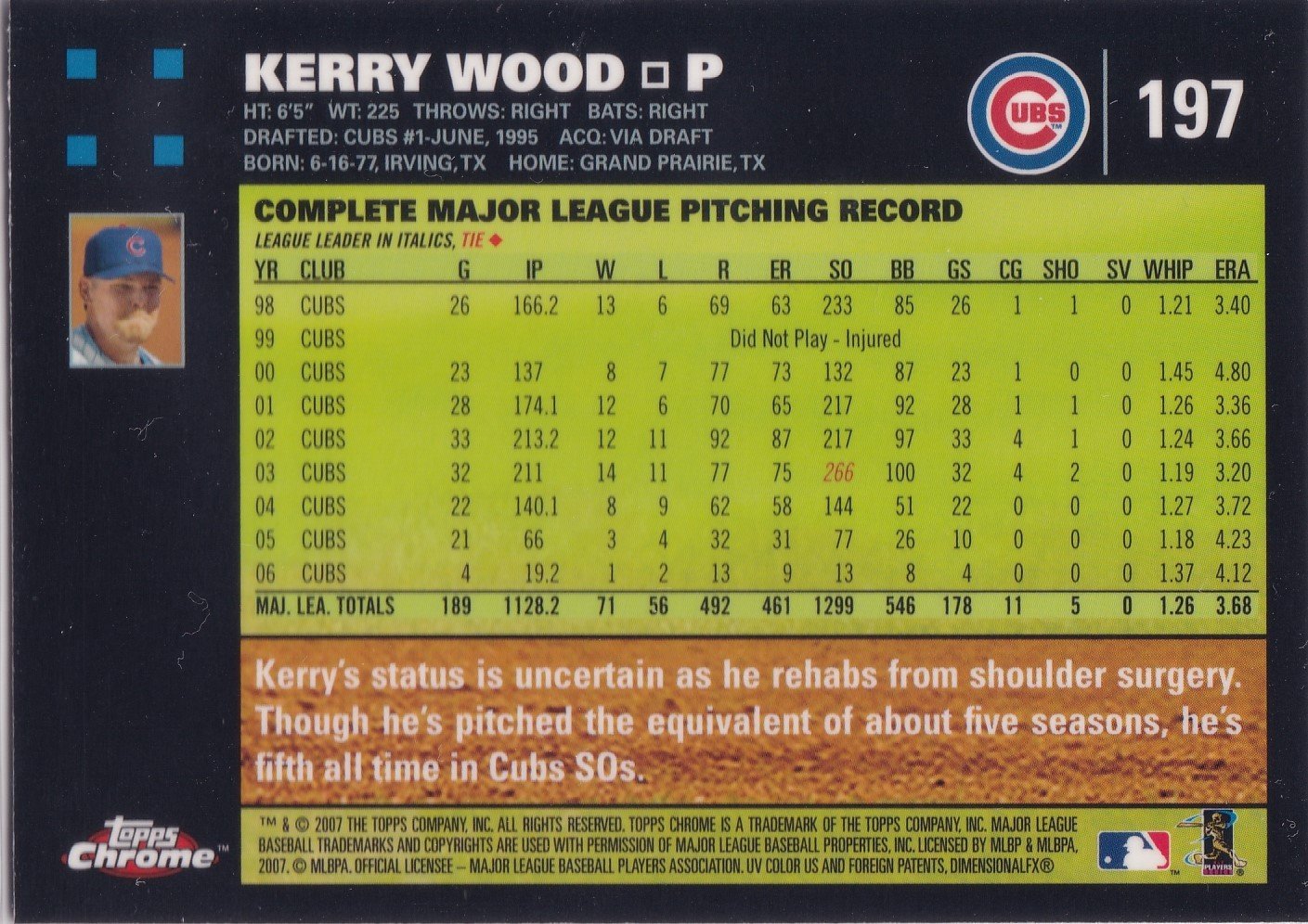  Kerry Wood baseball card 1999 Topps #RN7 Record