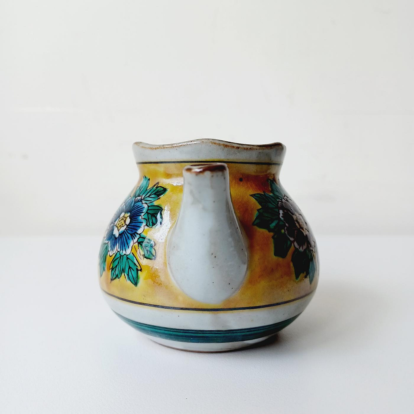 MarsC】早期日本九谷燒（九谷美山）花卉圖案交趾釉陶瓷醬油油壺瓶 