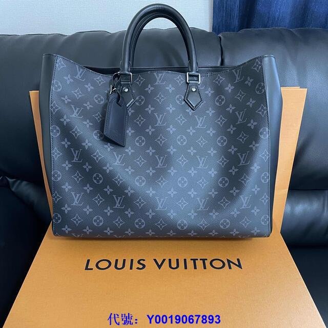 二手正品 LV M44733 GRAND SAC 男款 黑花 托特包 手挽袋 牛皮 大型手提包 購物袋 男生包包