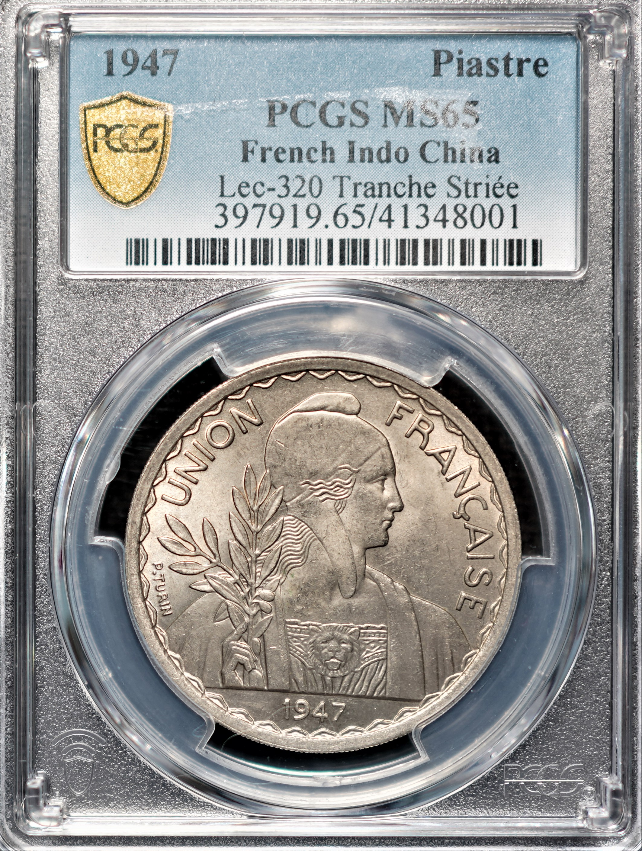 PCGS MS65 印度支那法屬安南1947年女神像皮埃斯特貿易銀坐洋鎳銀幣第二