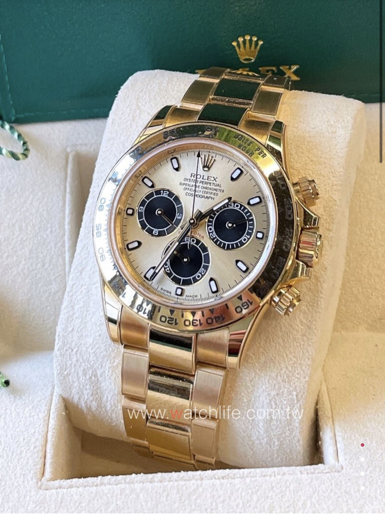 玩錶人Rolex daytona 116508 余文樂/2019二手極新錶/18k黃金/40mm/4130機芯/動力儲備72小時/防水100米/原廠盒單