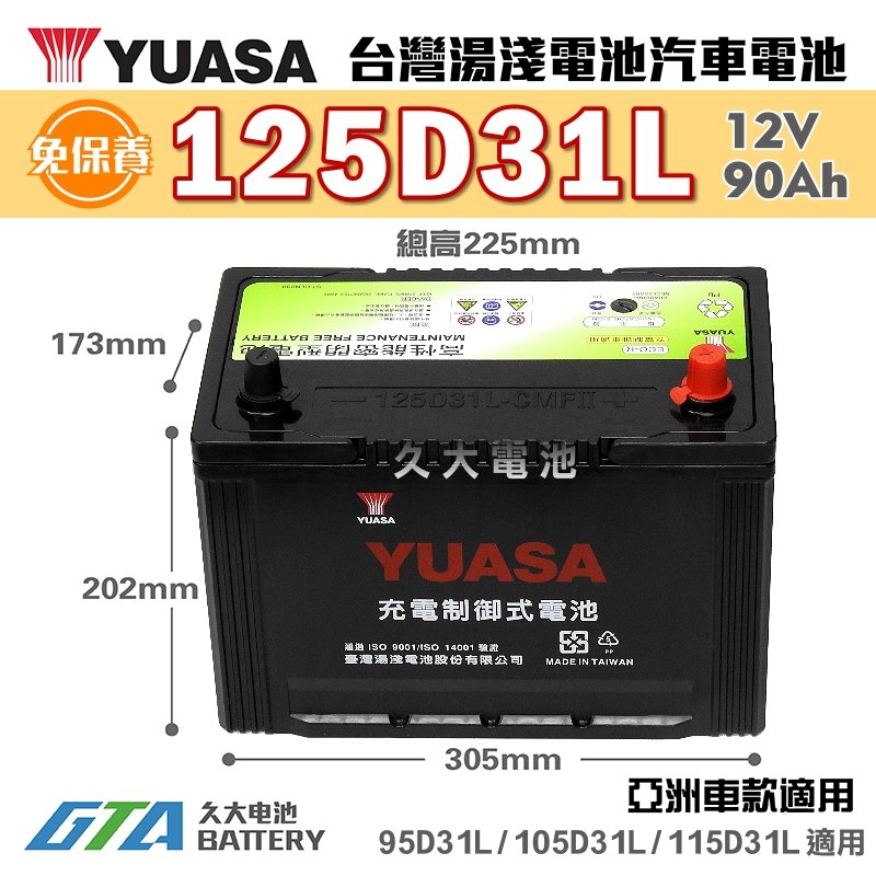 ✚久大電池❚ YUASA 湯淺 125D31L 免保養 汽車電瓶 汽車電池 95D31L 105D31L 115D31L