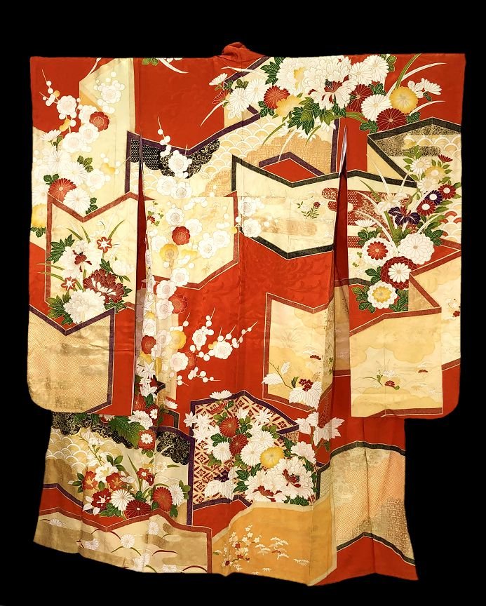茶】1-1113 日本和服絹振袖金駒刺繡.金彩加工***5/3 | Yahoo奇摩拍賣