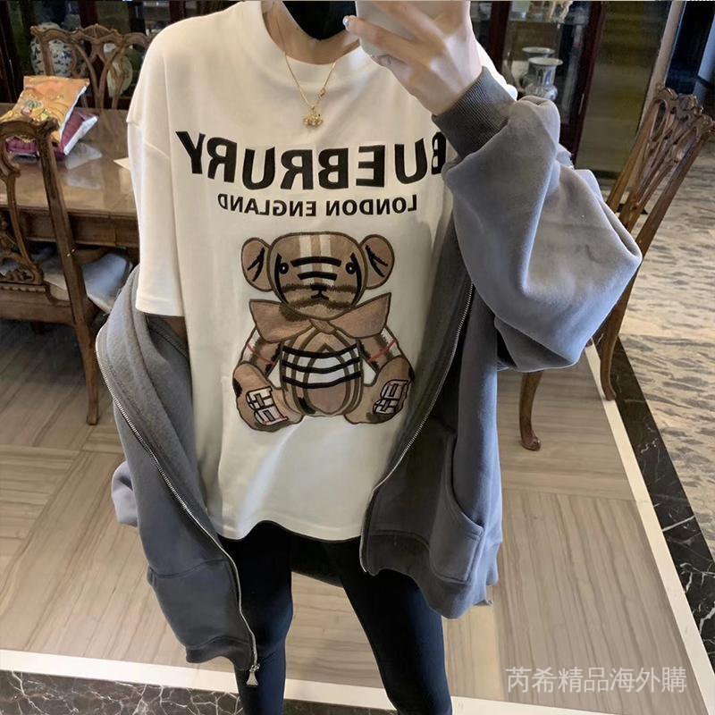 現貨熱銷-100%純棉2021Burberry 巴寶莉刺繡logo短袖T卹女印花小熊ins網紅男女情侶款韓版寬鬆潮 短袖