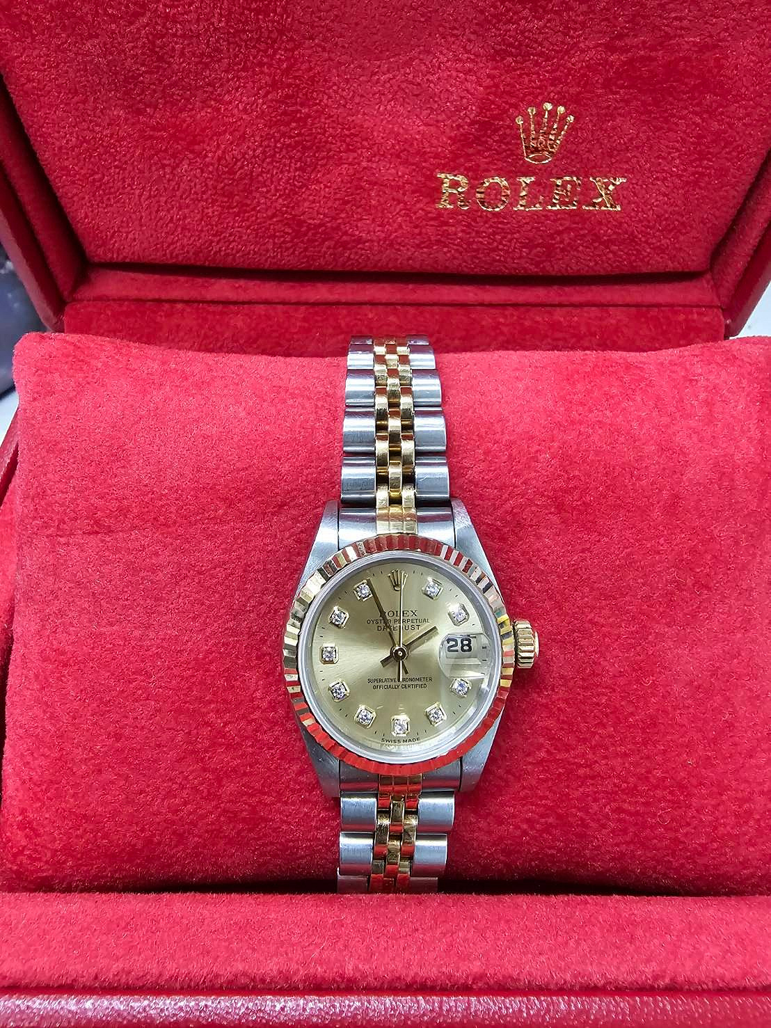 現貨可自取 ROLEX 69173G勞力士18K 新款金面包台10鑽女機械錶原廠保單盒齊全95成新W字