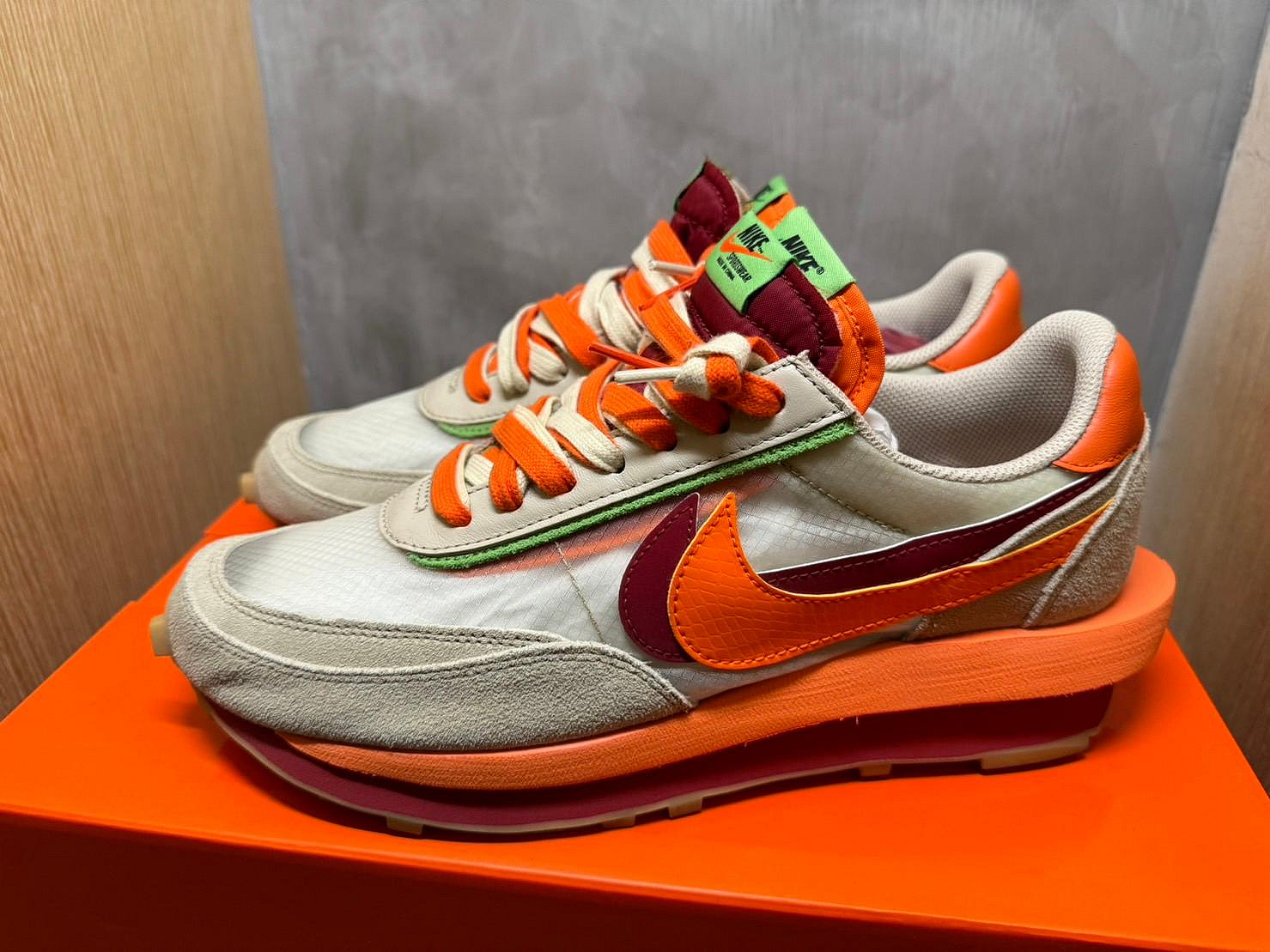 二手美品Clot x Sacai x Nike LDWaffle 米白橘解構聯名DH1347-100 US10