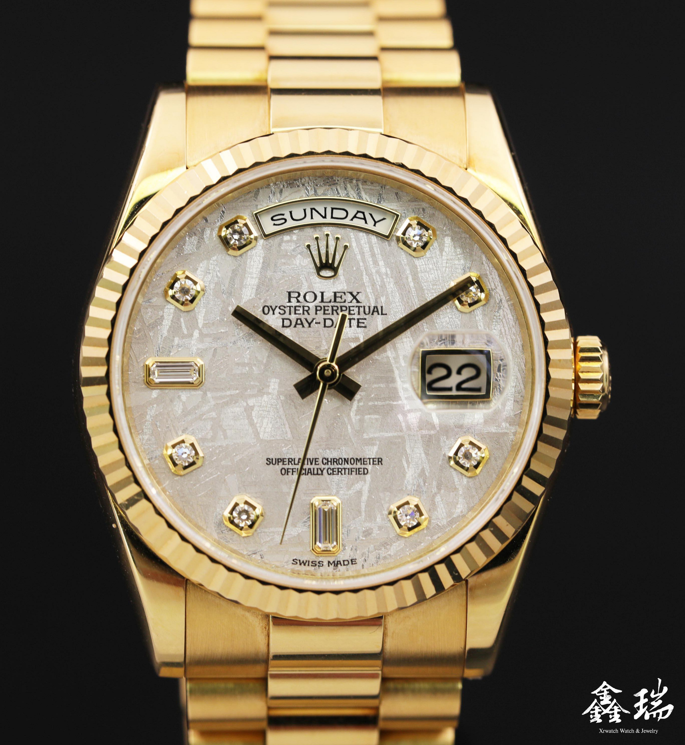 【鑫瑞鐘錶】Rolex 勞力士 Day-Date 118238 18K黃金 69梯鑽隕石面盤 36mm 總統帶 自動上鍊 盒單全