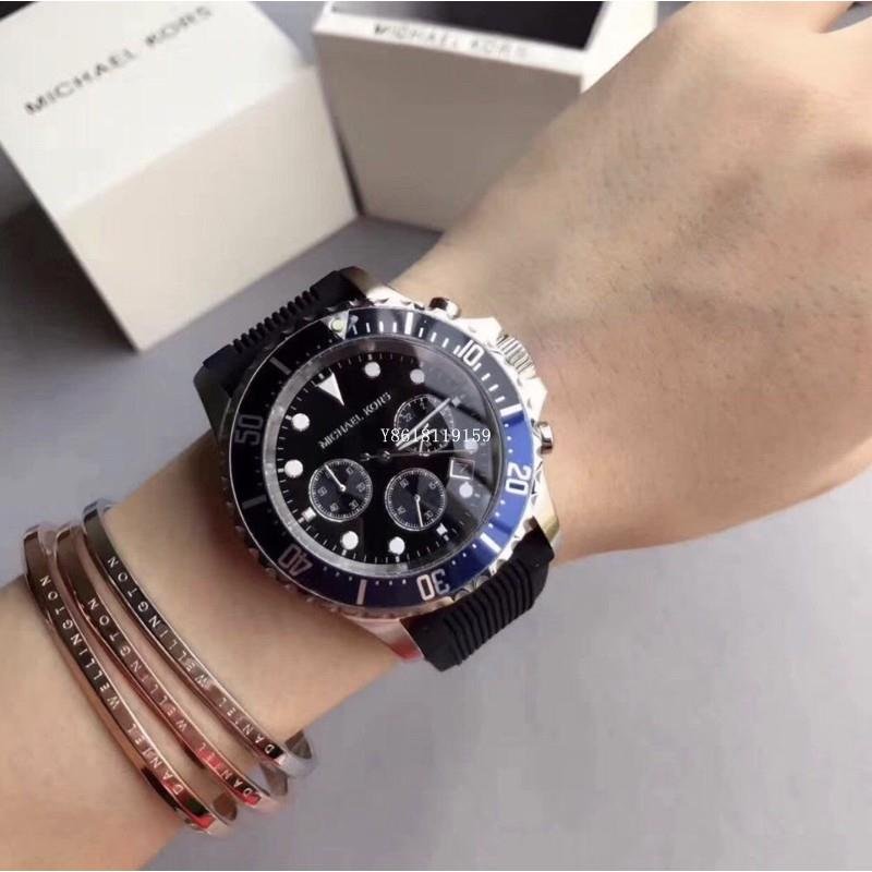 MICHAEL KORS MK8365水鬼運動風格三眼計時矽膠錶帶腕錶/男錶/黑+藍/