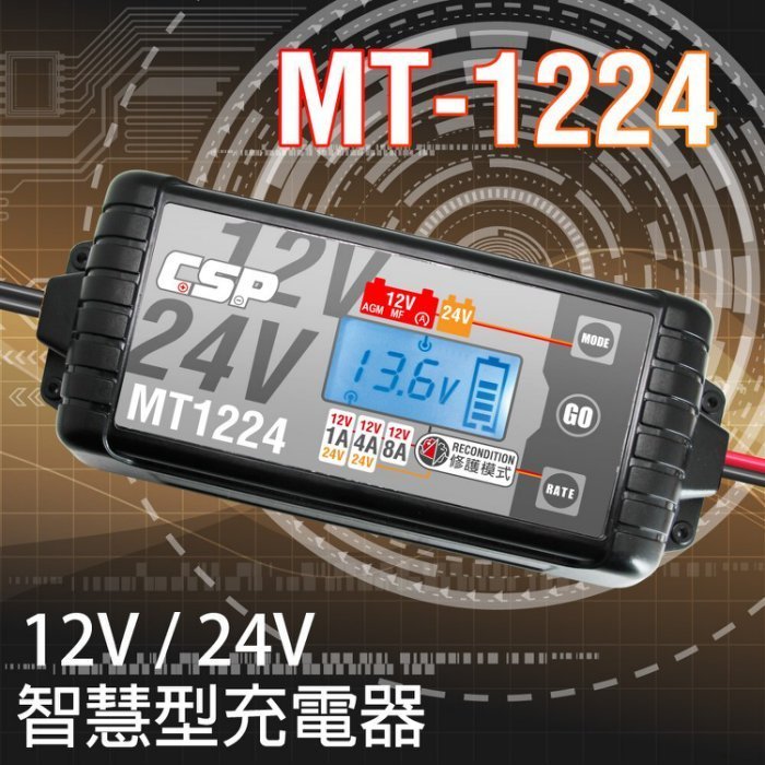 ☆電霸科技☆ 雙電壓 全自動 MT-1224 12V 24V 脈衝式 電池充電器 電瓶充電機 微電腦 充滿跳停 鋰鐵電池