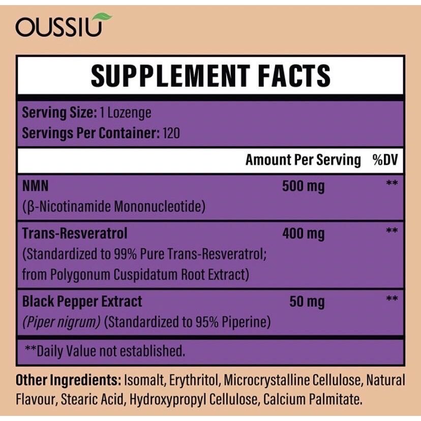 NMN 美國OUSSIU 素食純度99% 500毫克NAD+ 400毫克反式白藜蘆醇舌下錠