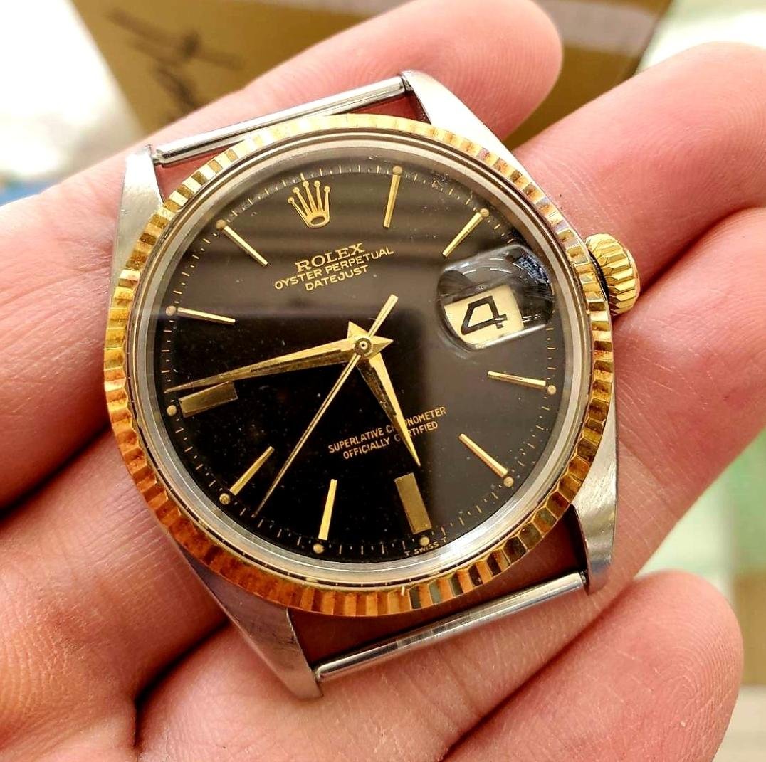 勞力士 1601 DATEJUST 龜殼面 長簇形時標 黑色面盤  Vintage ROLEX 黃K金+鋼